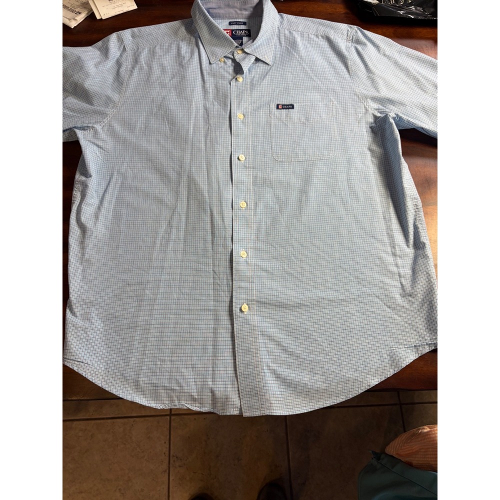 Chaps Mens XL Blue White Micro Check Short Sleeve Easy Care Button Down Shirt